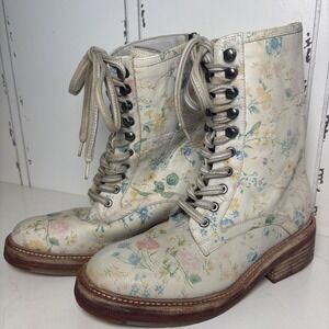Free People Santa Fe Boots Floral Boho Homestead Combat Wood Heel 38 EU 7-7.5 US